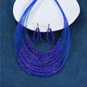Blue Beaded Necklace and Earrings Set
